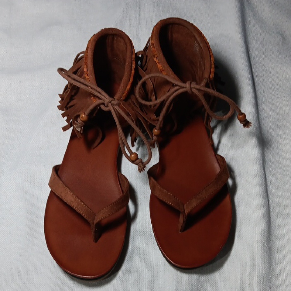 MIA Brown Leather Tie Strap Sandals Beaded Moccasin-Style Size 9.5